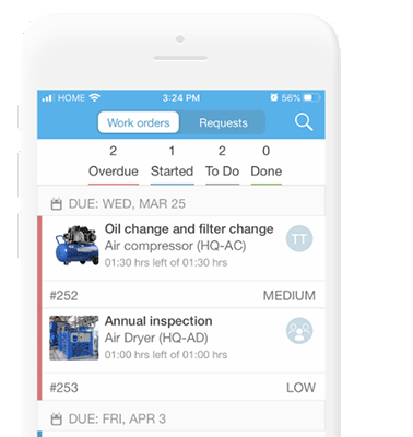 Mobile view of Fiix's manage maintenance window
