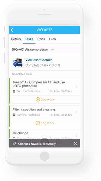 Fiix mobile view of the asset management software window: details, tasks, parts, and files