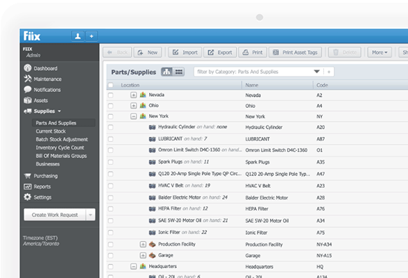 Desktop view of Fiix's parts and supplies page
