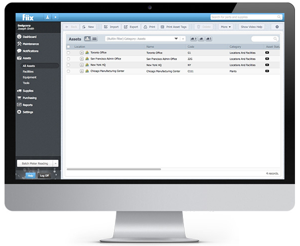 Fiix multi-site function displaying several sites