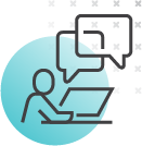 graphic of a person with laptop talking
