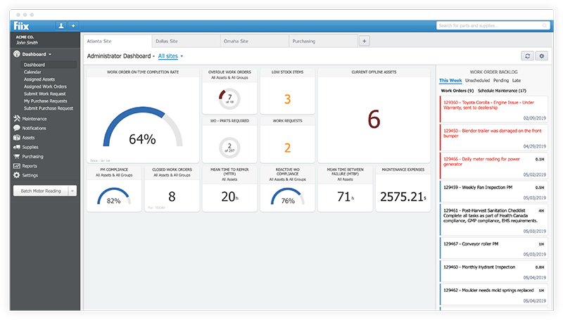 Fiix desktop administrator dashboard