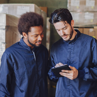 Two workers using CMMS